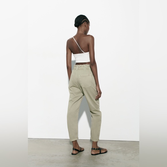Zara Sage Green Baggy Fit Paper Bag Carrot Leg High Waist Ankle Pants size 0 - Picture 2 of 6